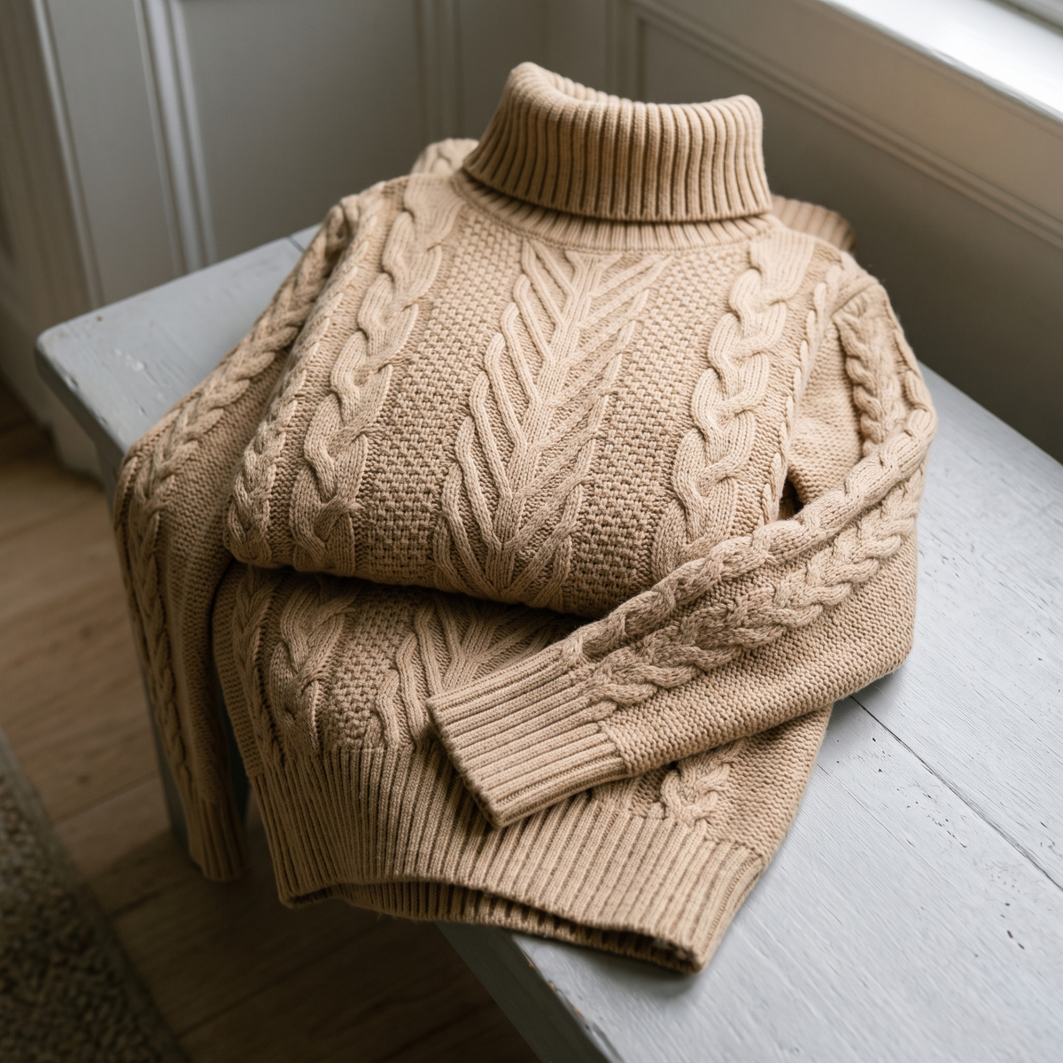 Khaki cable-knit turtleneck sweater dress — feature intro 2