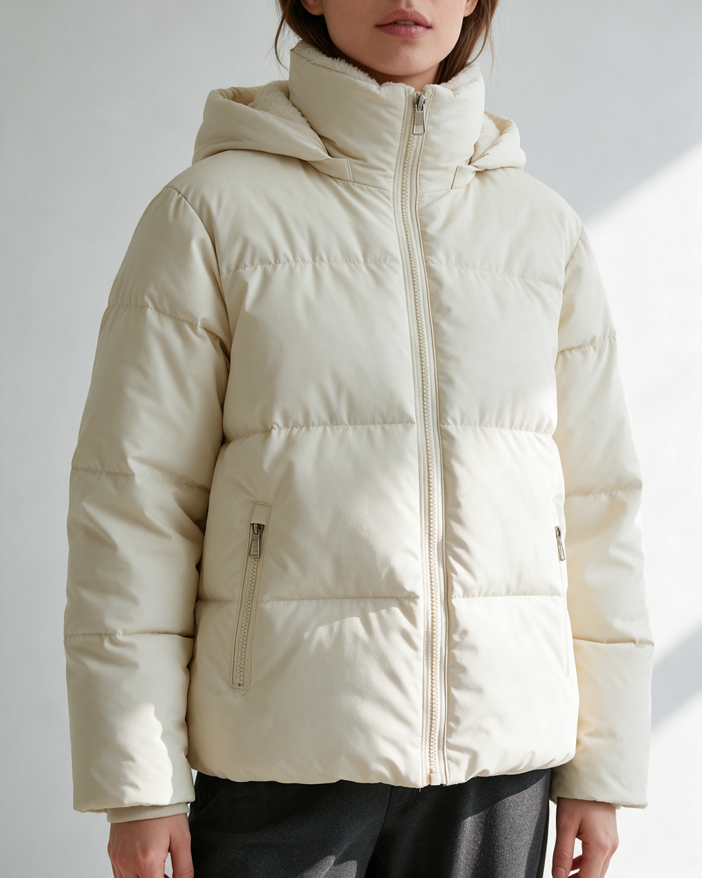 Women's fleece-lined hooded puffer jacket — Cream — construction and fit