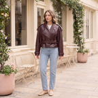Women's Faux Leather Jacket — Wine red — alternate front on model