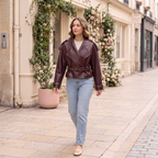 Women's Faux Leather Jacket — Wine red — full outfit