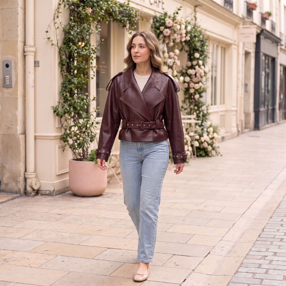 Women's Faux Leather Jacket — Wine red — full outfit