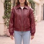 Women's Faux Leather Jacket — Burgundy Styles — cropped on-model hero