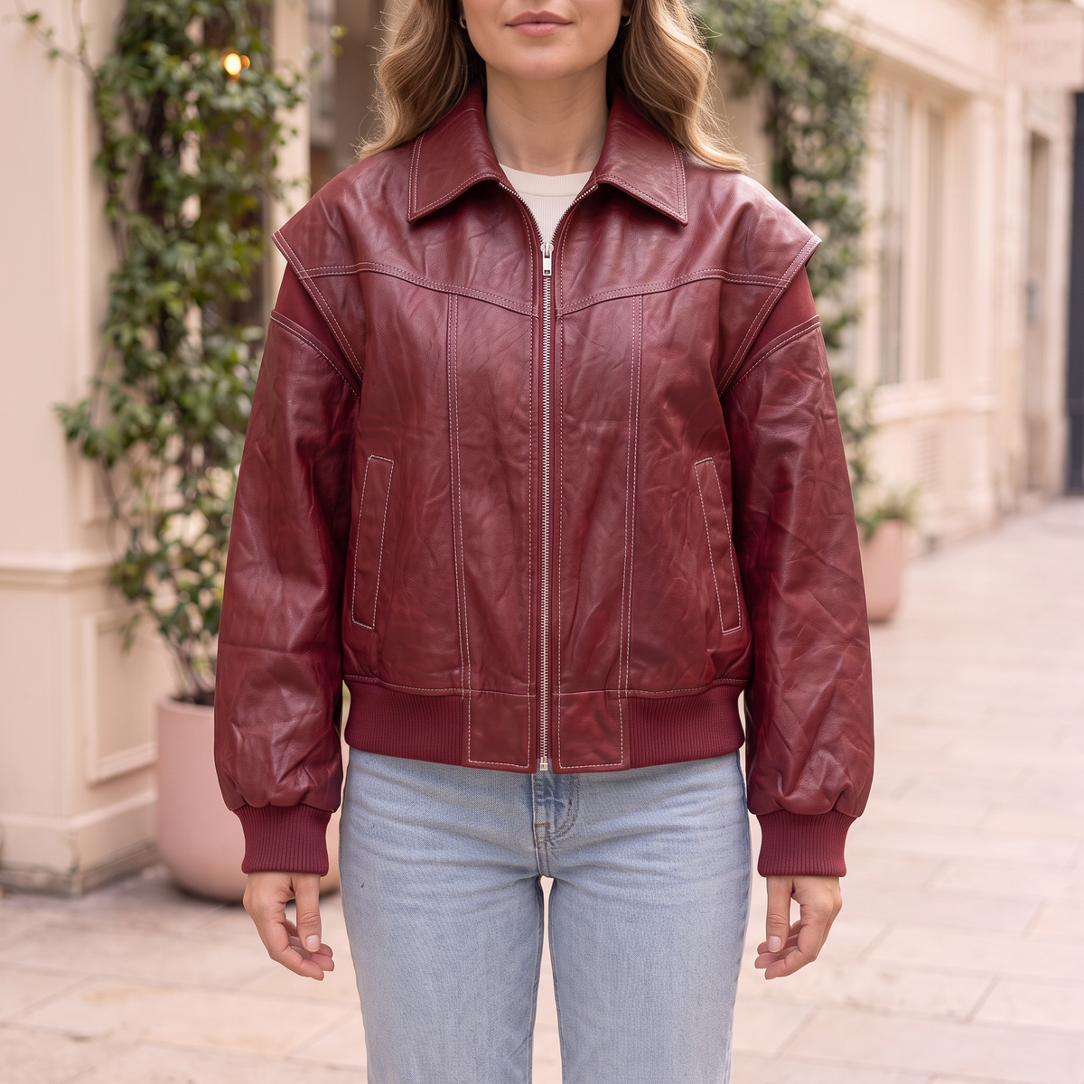 Women's Faux Leather Jacket — Burgundy Styles — cropped on-model hero