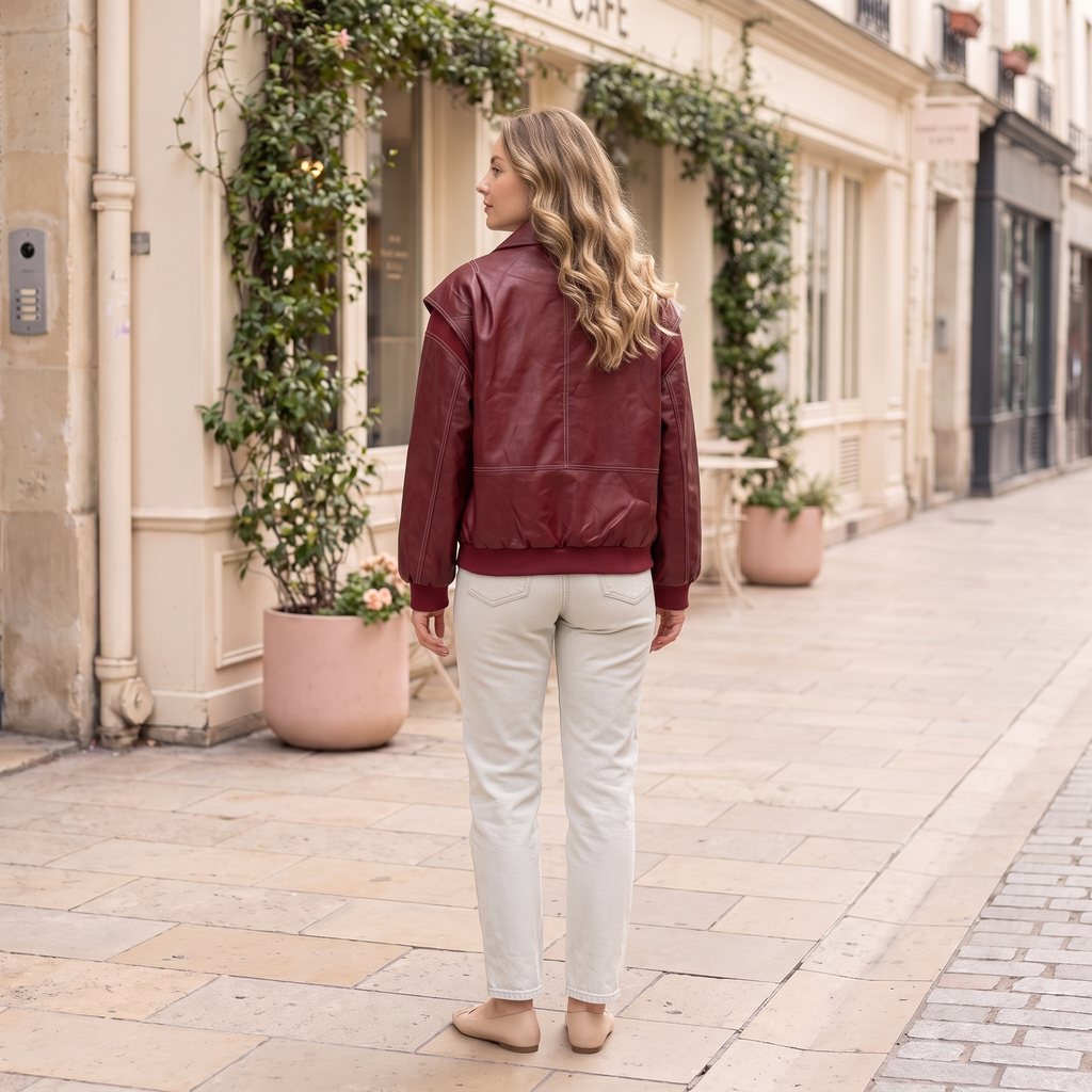 Women's Faux Leather Jacket — Deep red — rear on model