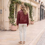 Women's Faux Leather Jacket — Deep red — rear on model