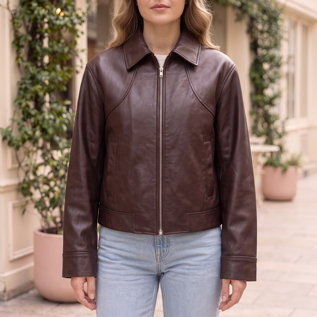Women's Faux Leather Jacket — Burgundy Styles — cropped on-model hero