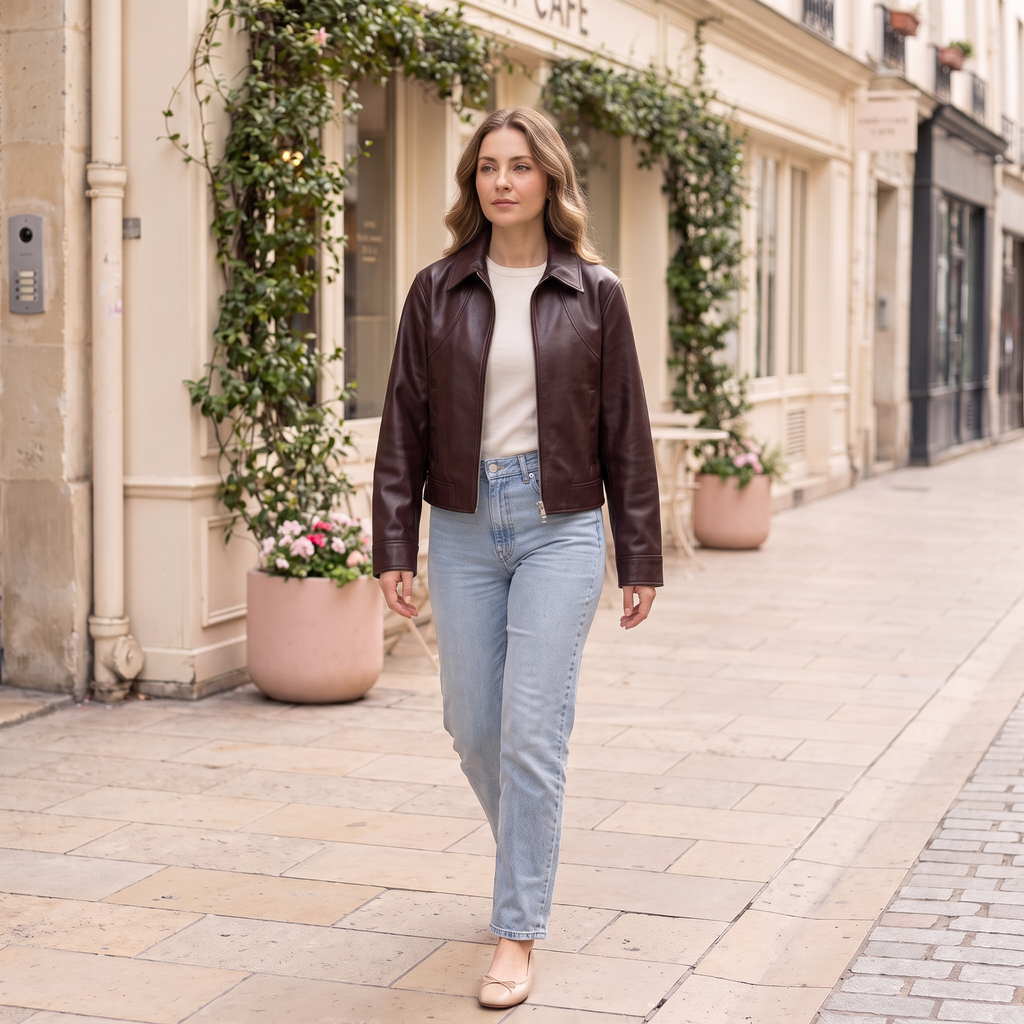 Women's Faux Leather Jacket — Wine red 1 — full outfit