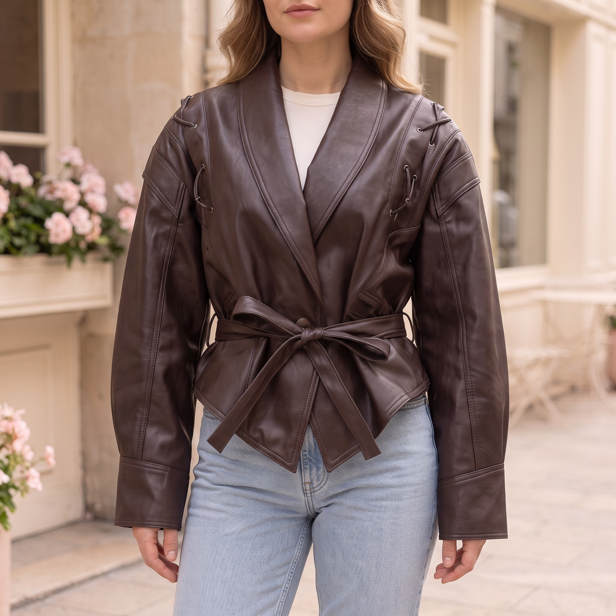 Women's Faux Leather Jacket — Burgundy Styles — cropped on-model hero