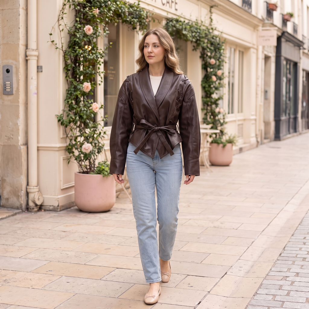 Women's Faux Leather Jacket — Brown red — full outfit