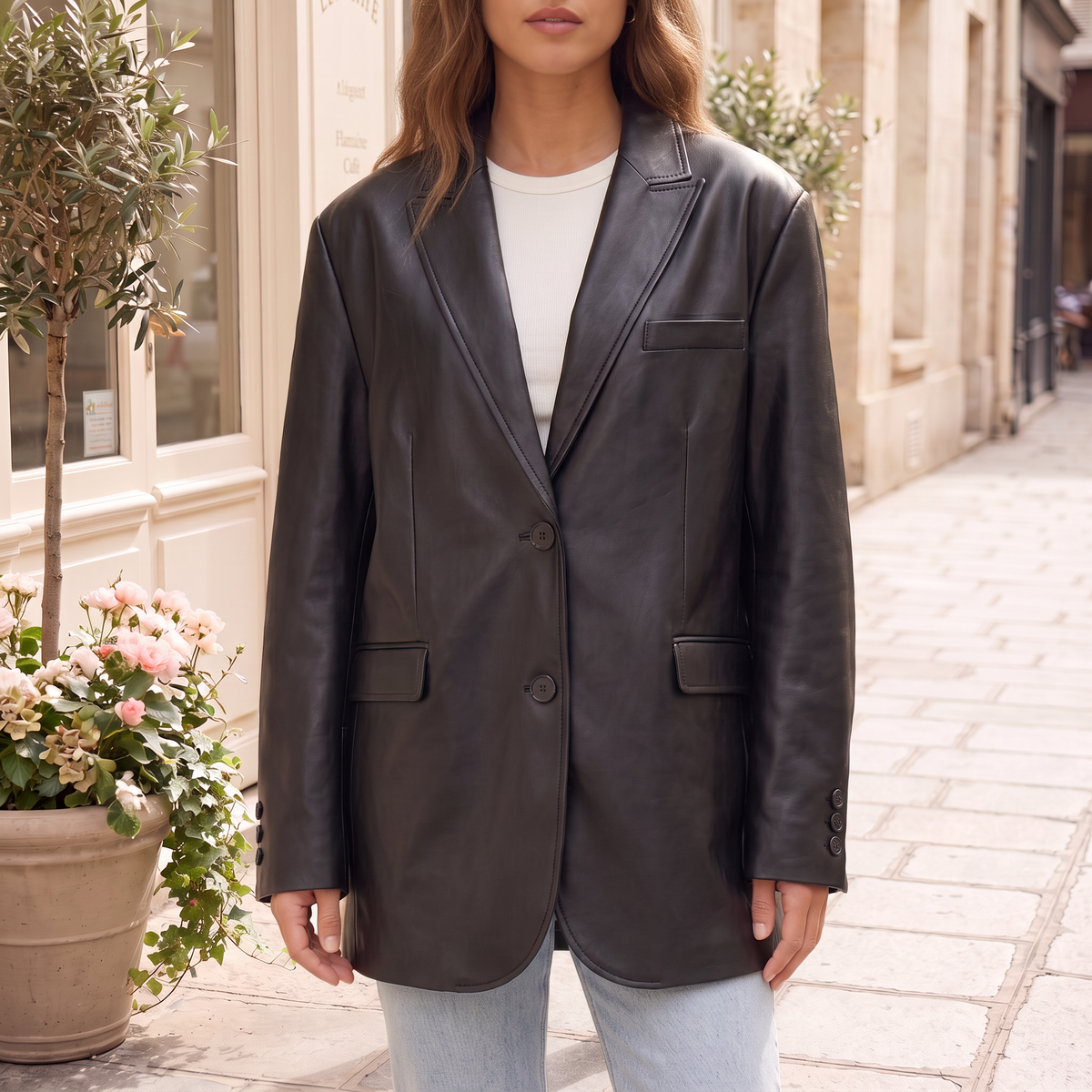 Women's Oversized Faux Leather Blazer — cropped on-model hero