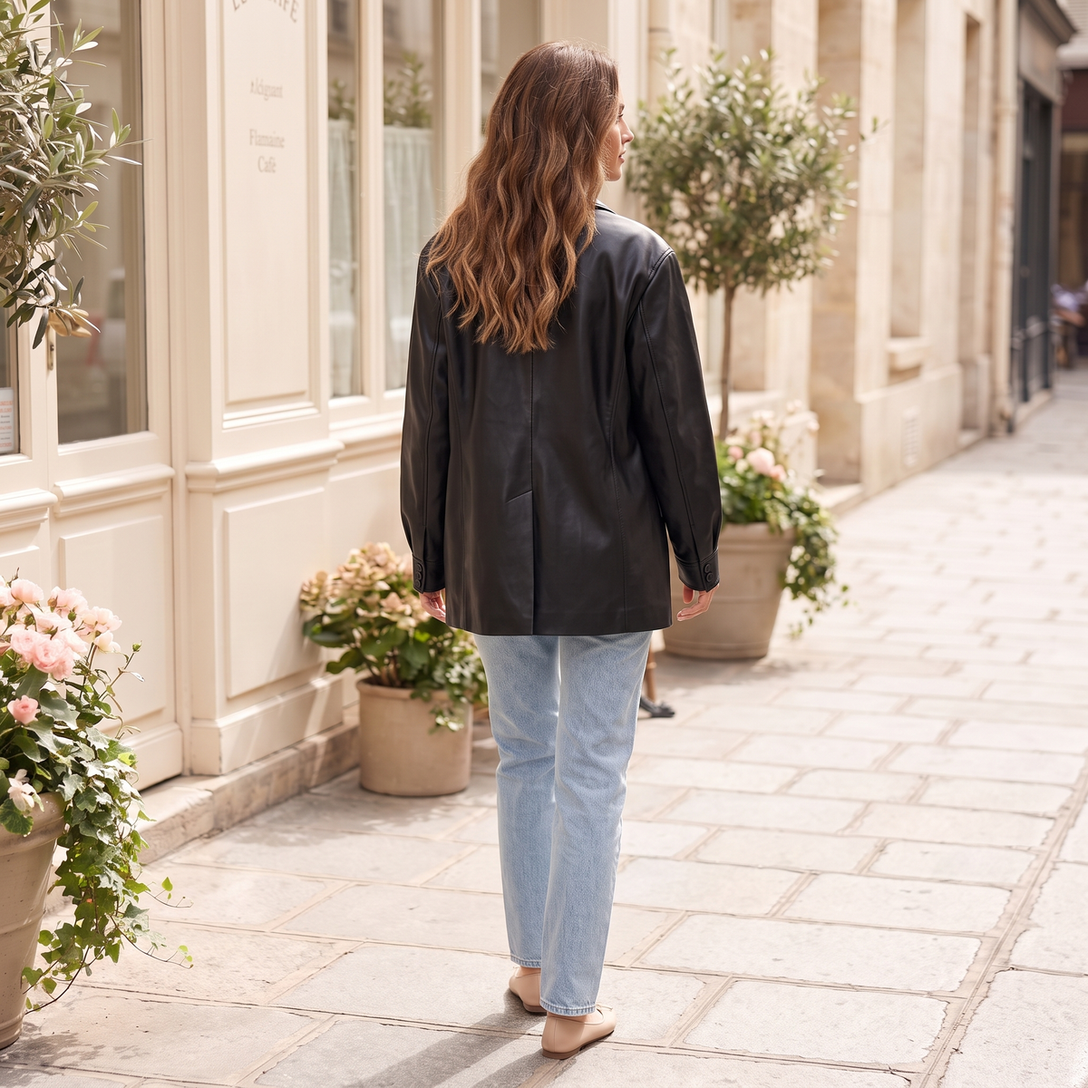 Women's Oversized Faux Leather Blazer — Black — rear on model