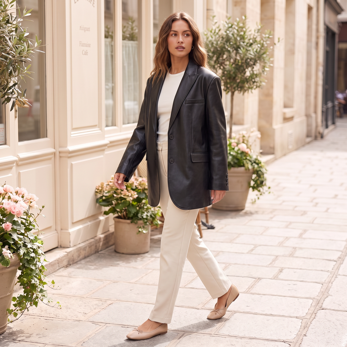 Women's Oversized Faux Leather Blazer — Black — full outfit