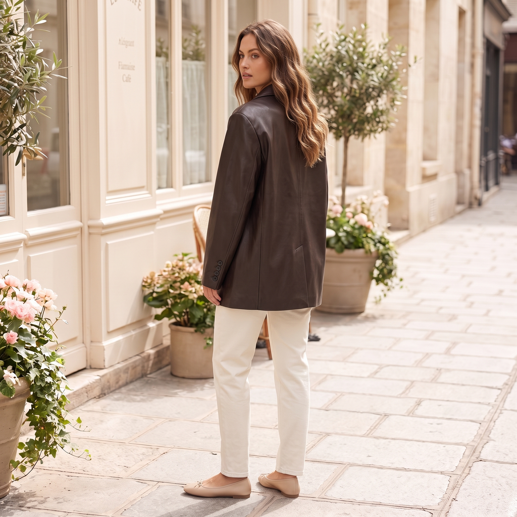 Women's Oversized Faux Leather Blazer — Brown — rear on model