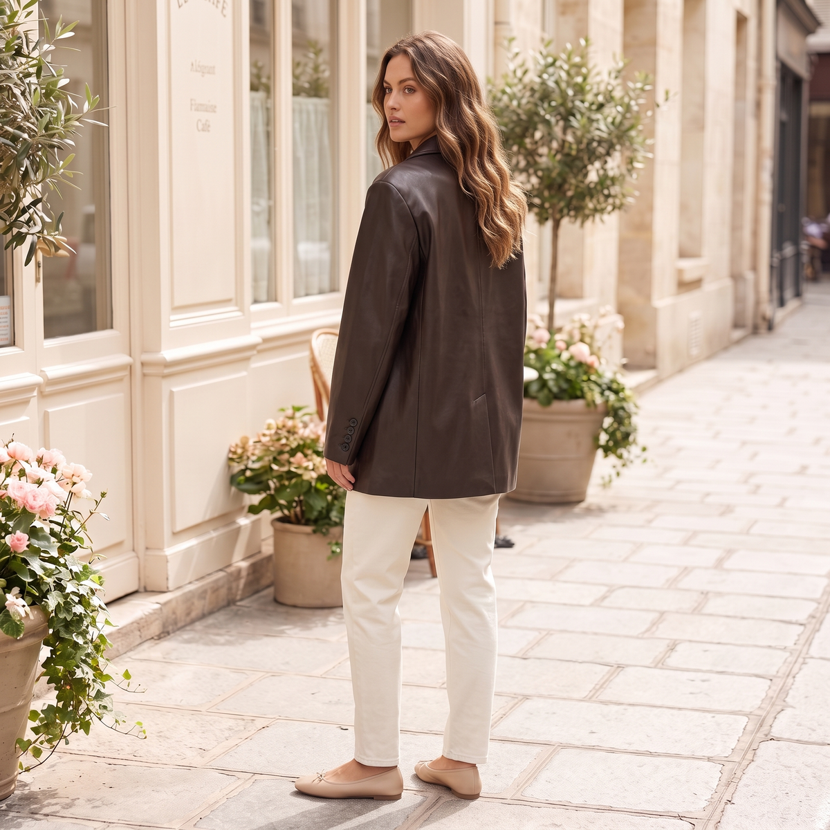 Women's Oversized Faux Leather Blazer — Brown — rear on model