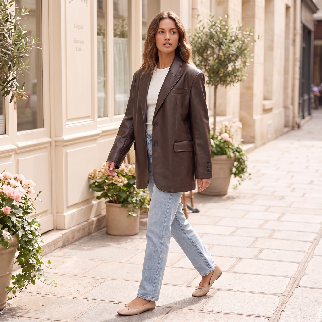 Women's Oversized Faux Leather Blazer — Brown — full outfit
