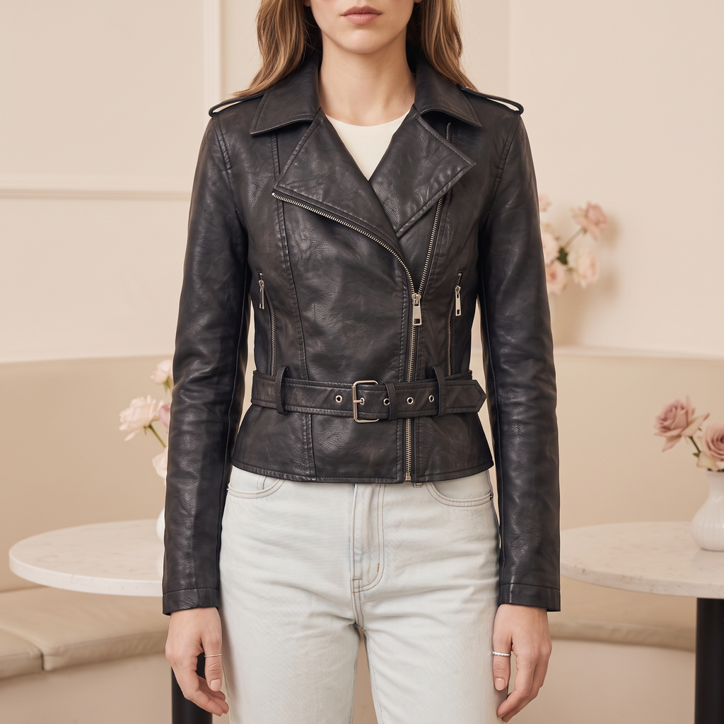 Women's Washed Faux Leather Belted Biker Jacket — Black — cropped on-model hero