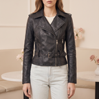 Women's Washed Faux Leather Belted Biker Jacket — Black — cropped on-model hero