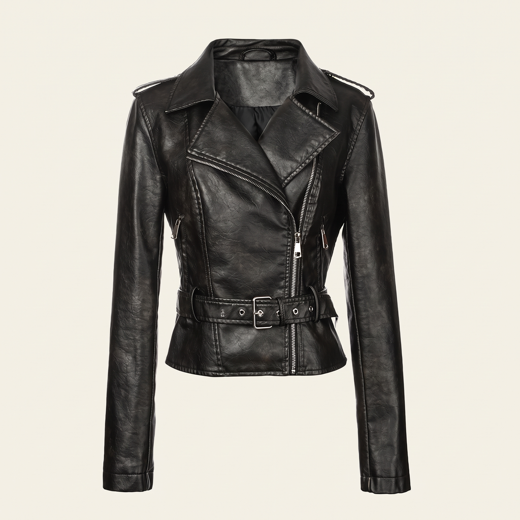 Women's Washed Faux Leather Belted Biker Jacket — Black — front product