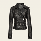 Women's Washed Faux Leather Belted Biker Jacket — Black — front product