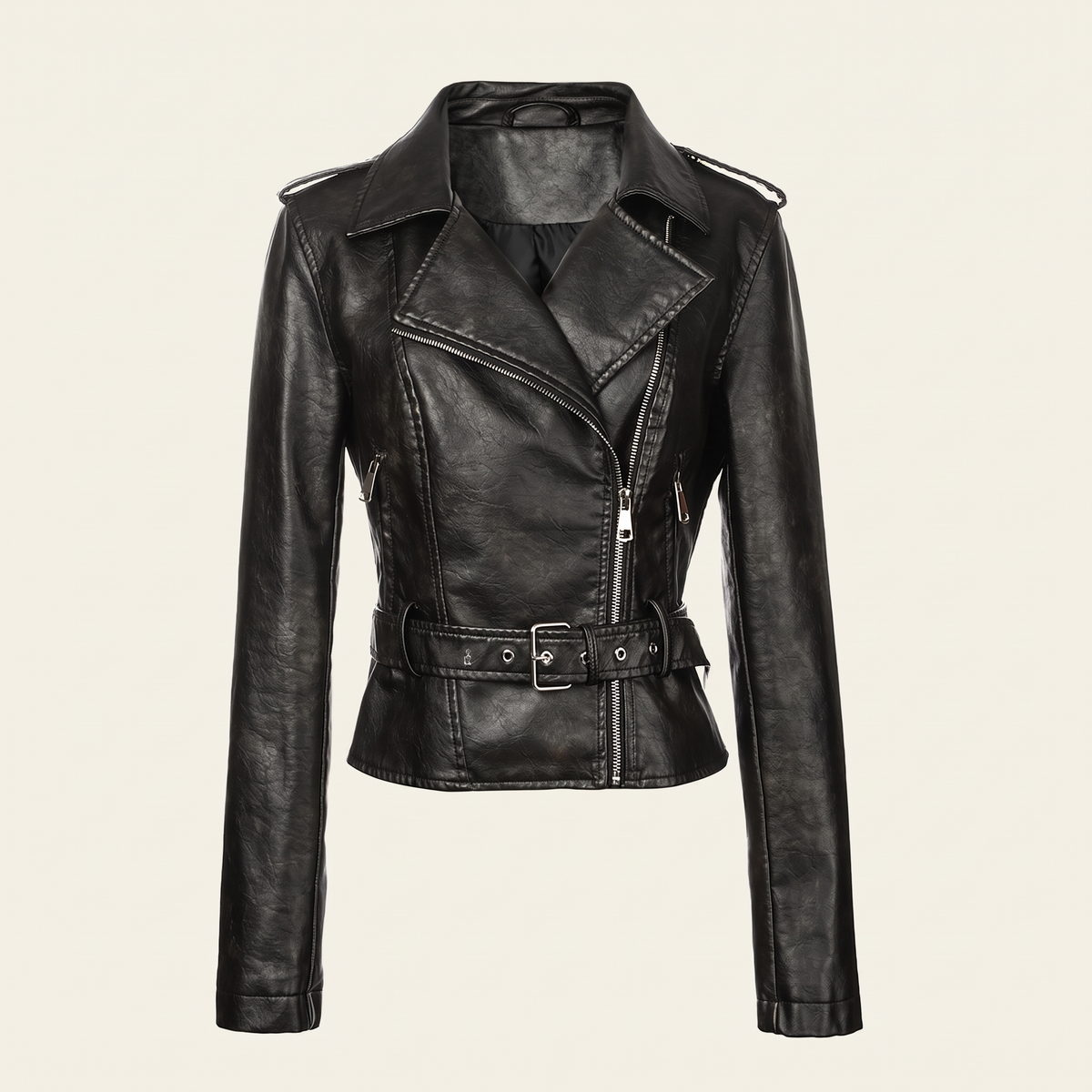 Women's Washed Faux Leather Belted Biker Jacket — Black — front product