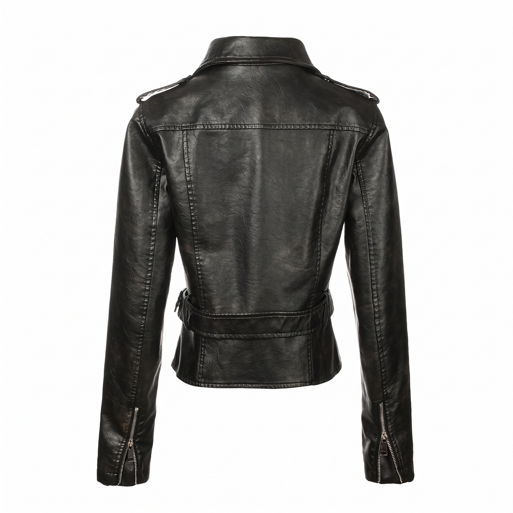 Women's Washed Faux Leather Belted Biker Jacket — Black — rear product