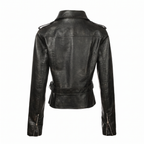 Women's Washed Faux Leather Belted Biker Jacket — Black — rear product
