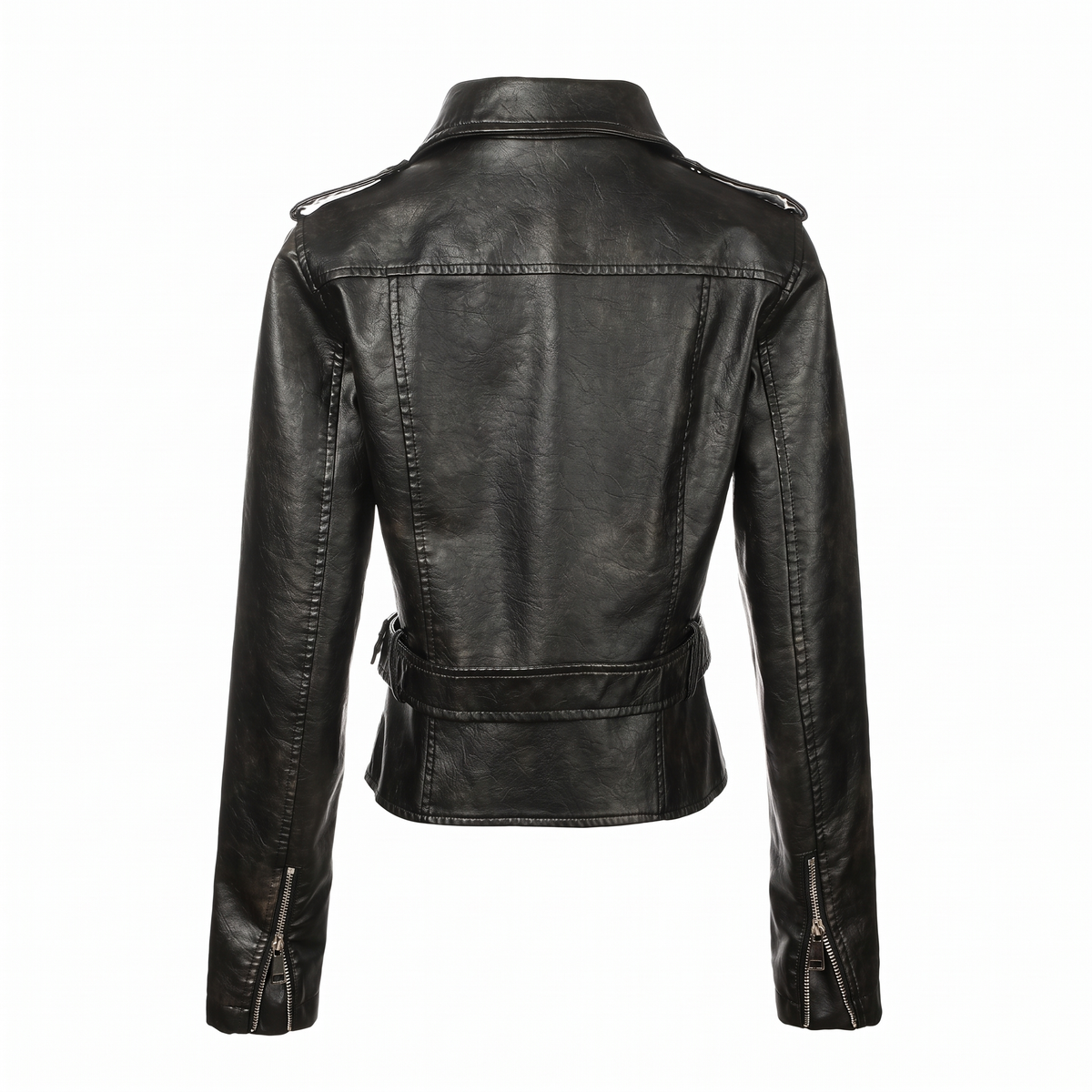 Women's Washed Faux Leather Belted Biker Jacket — Black — rear product