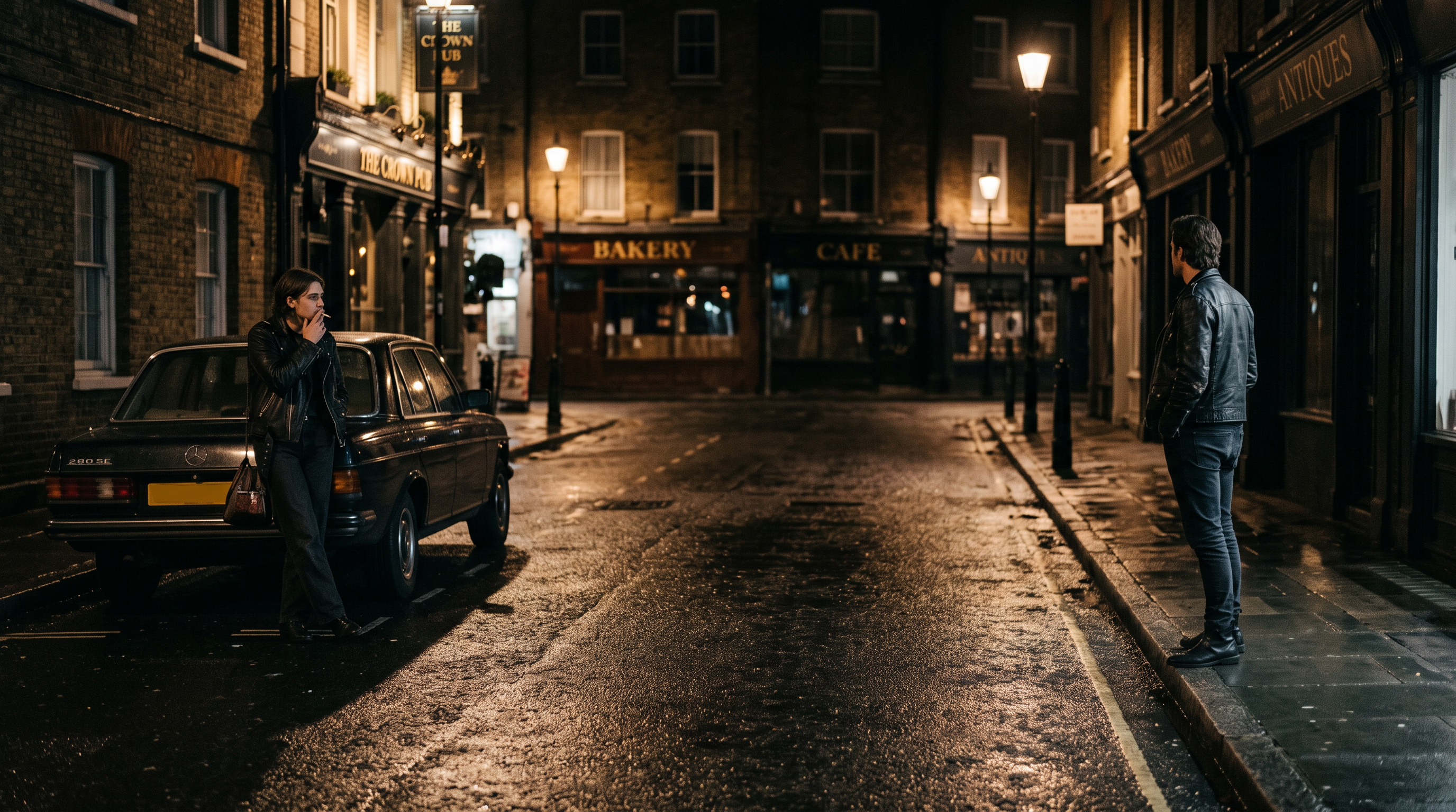 Two people in leather jackets on a wet city street at night