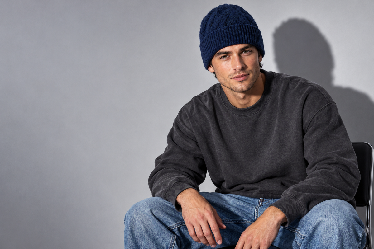 Studio portrait wearing the navy Thick-Knit Cashmere Beanie