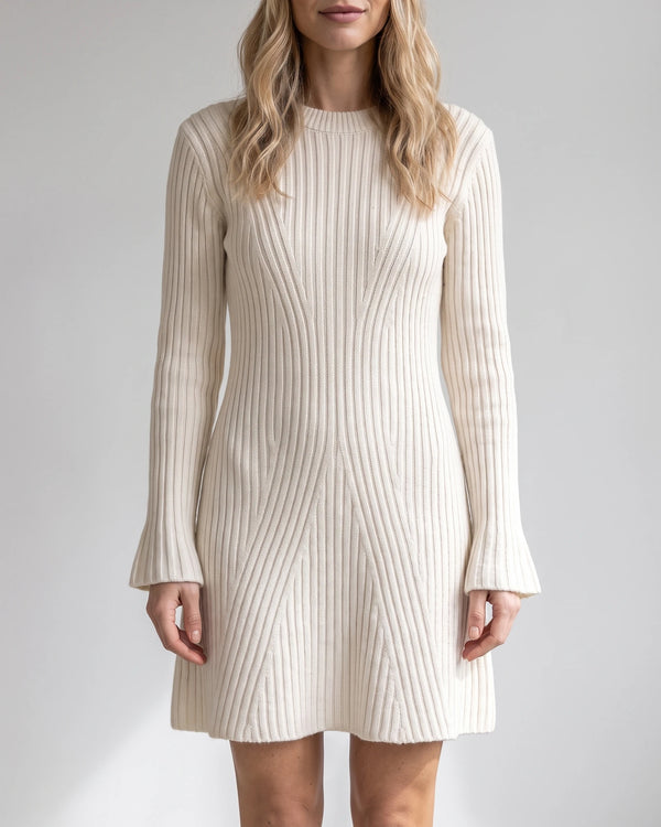 Ivory bell-sleeve ribbed mini sweater dress