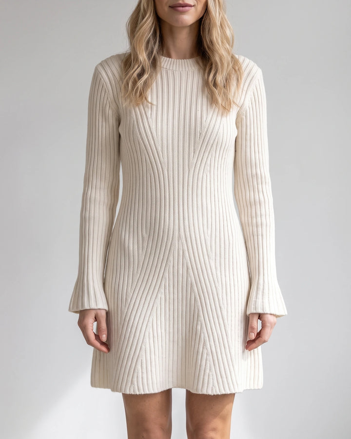 Ivory bell-sleeve ribbed mini sweater dress
