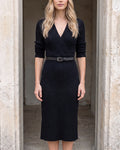 Women's belted V-neck ribbed sweater dress Black