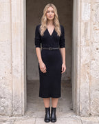 Women's belted V-neck ribbed sweater dress Black