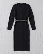 Women's belted V-neck ribbed sweater dress Black