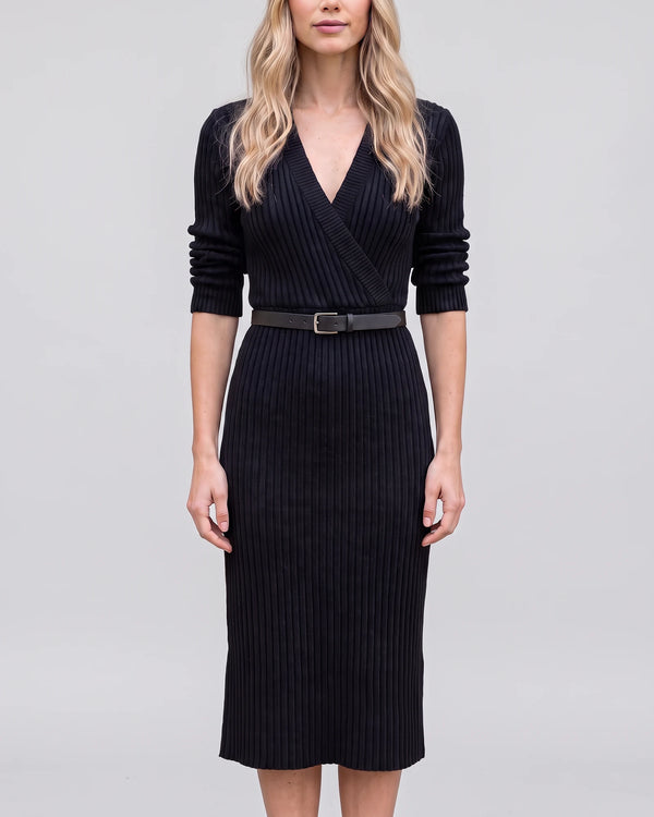 Women's belted V-neck ribbed sweater dress Black