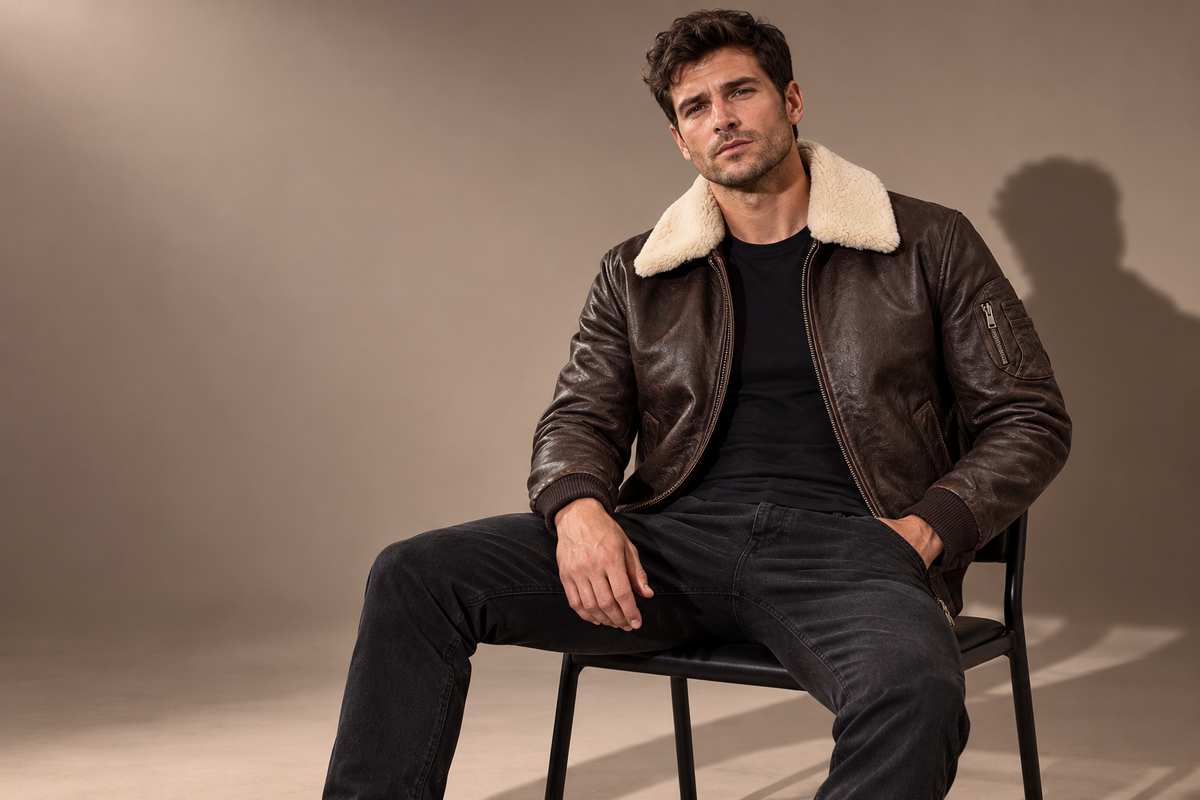 Studio portrait wearing the Jimmy brown shearling-collar bomber