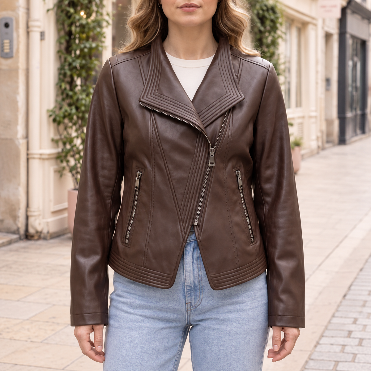 Women's Stitched-Lapel Faux Leather Biker Jacket — Brown — cropped on-model hero