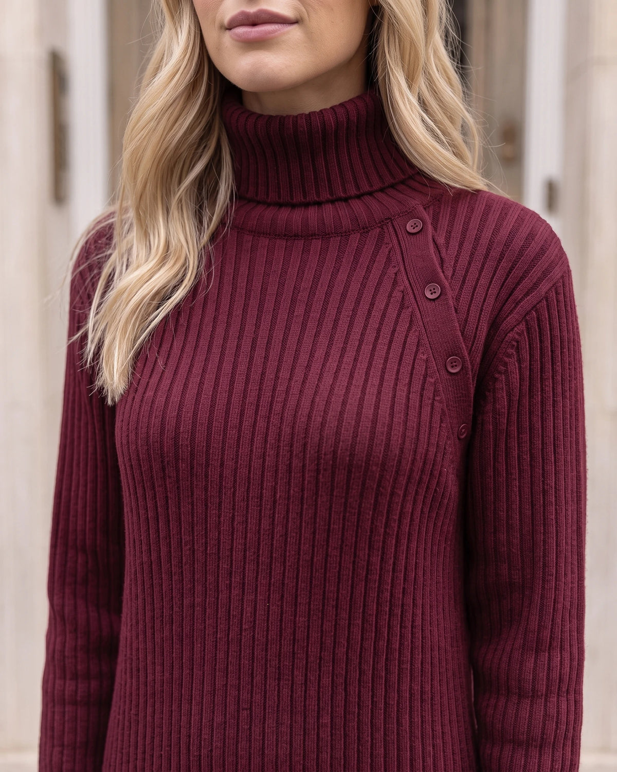 Women's Button-Detail Ribbed Turtleneck Midi Dress in Burgundy — neckline detail