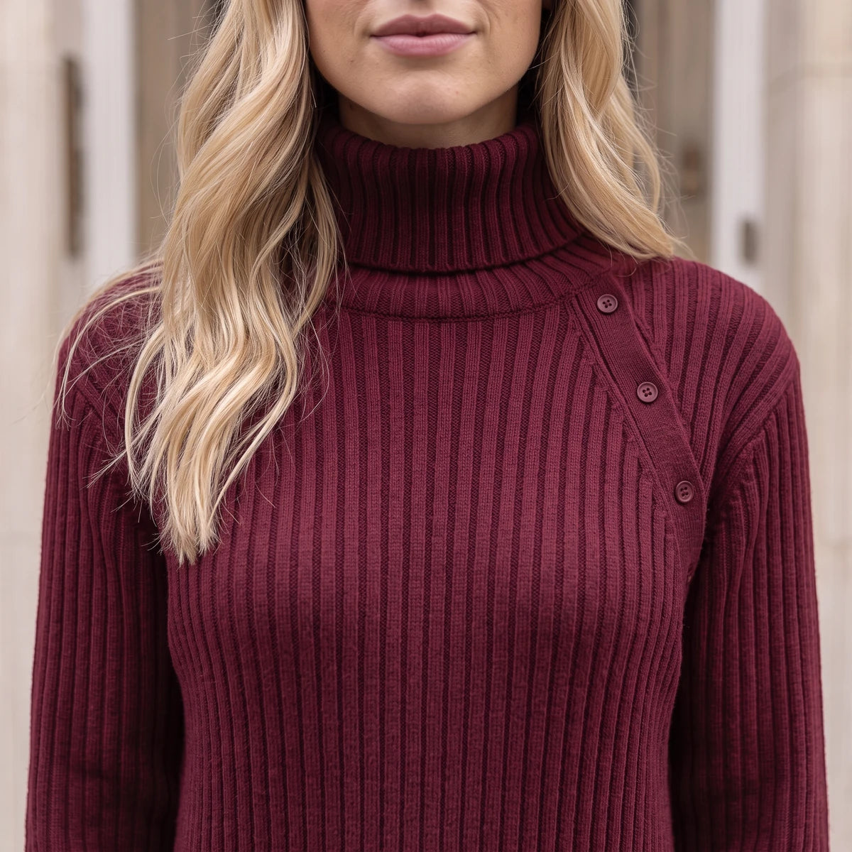 Women's Button-Detail Ribbed Turtleneck Midi Dress in Burgundy — neckline feature