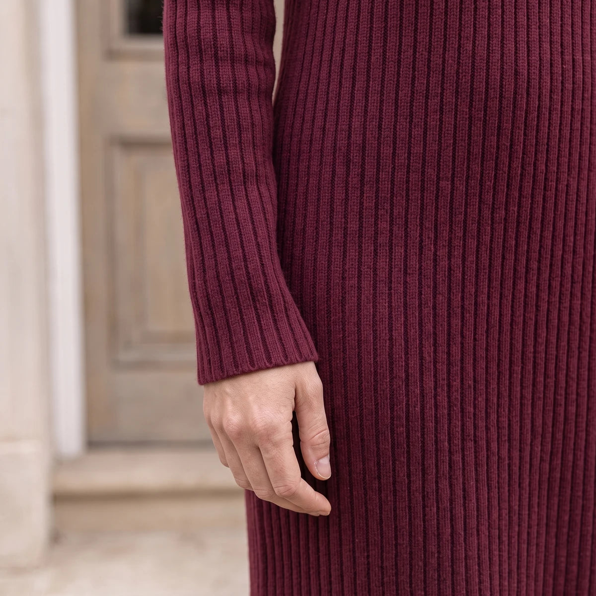 Women's Button-Detail Ribbed Turtleneck Midi Dress in Burgundy — sleeve feature