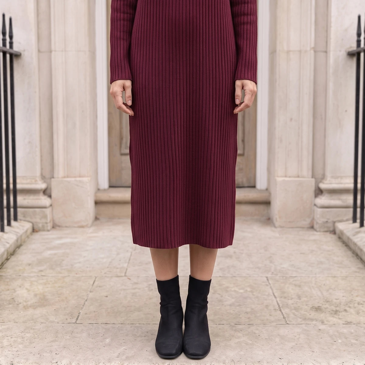 Women's Button-Detail Ribbed Turtleneck Midi Dress in Burgundy — hem feature