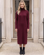 Women's Button-Detail Ribbed Turtleneck Midi Dress in Burgundy — full front