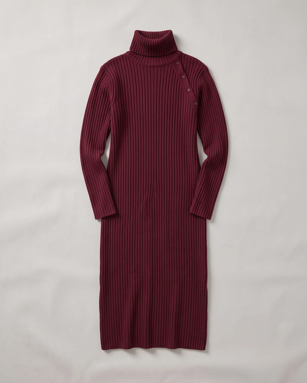 Women's Button-Detail Ribbed Turtleneck Midi Dress in Burgundy — product front