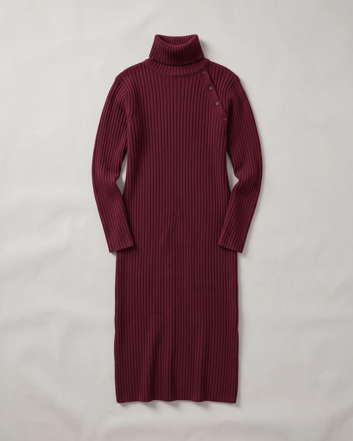 Women's Button-Detail Ribbed Turtleneck Midi Dress in Burgundy — product front