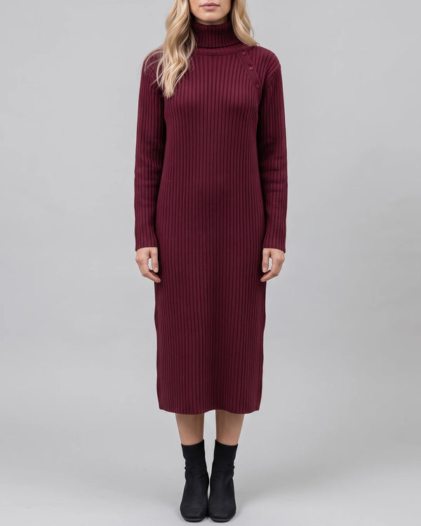 Women's Button-Detail Ribbed Turtleneck Midi Dress in Burgundy — gray catalog