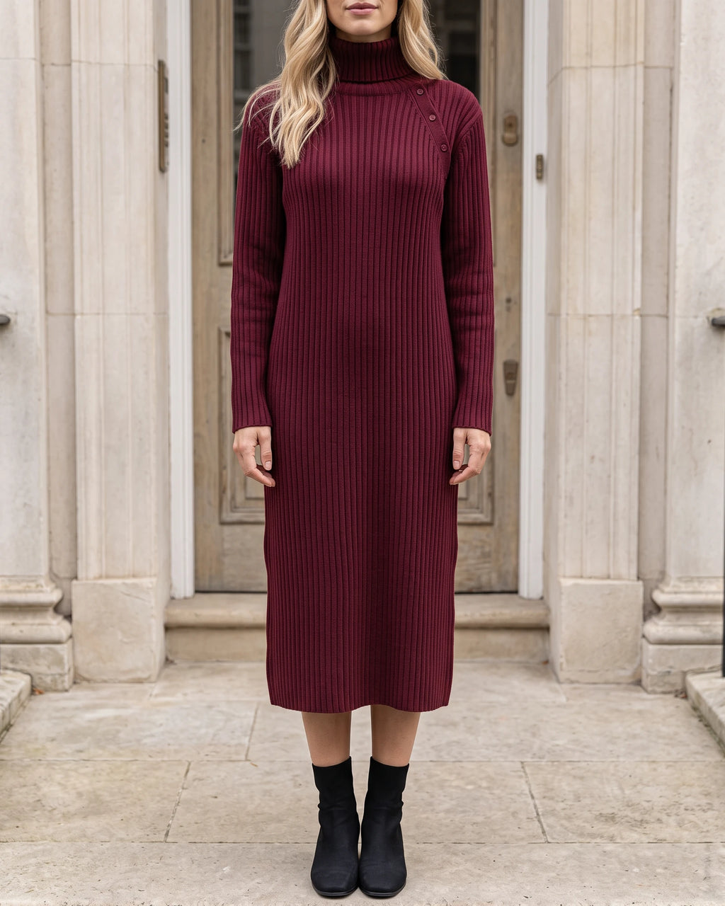 Women's Button-Detail Ribbed Turtleneck Midi Dress in Burgundy — front view