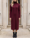 Women's Button-Detail Ribbed Turtleneck Midi Dress in Burgundy — front view