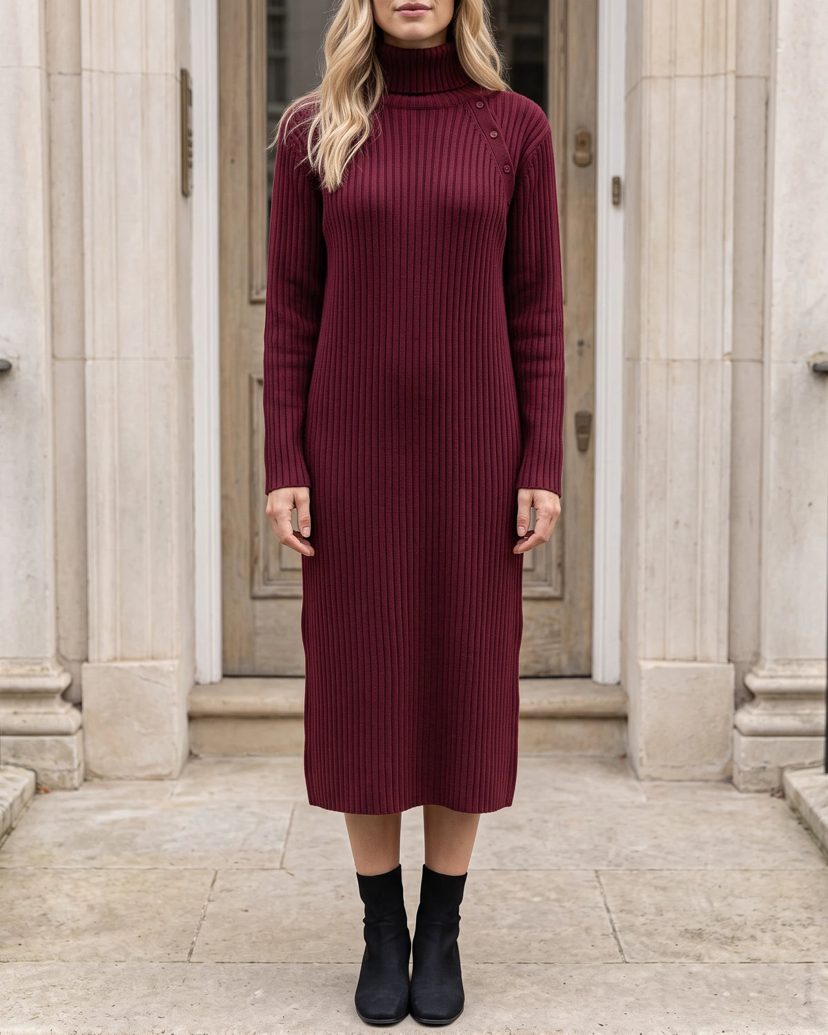 Women's Button-Detail Ribbed Turtleneck Midi Dress in Burgundy — front view