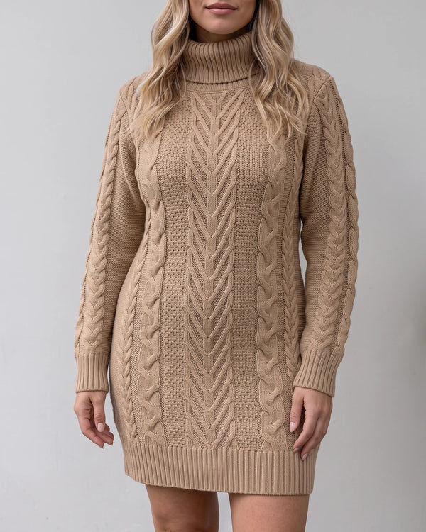 Khaki cable-knit turtleneck sweater dress — catalog