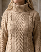 Khaki cable-knit turtleneck sweater dress — detail a